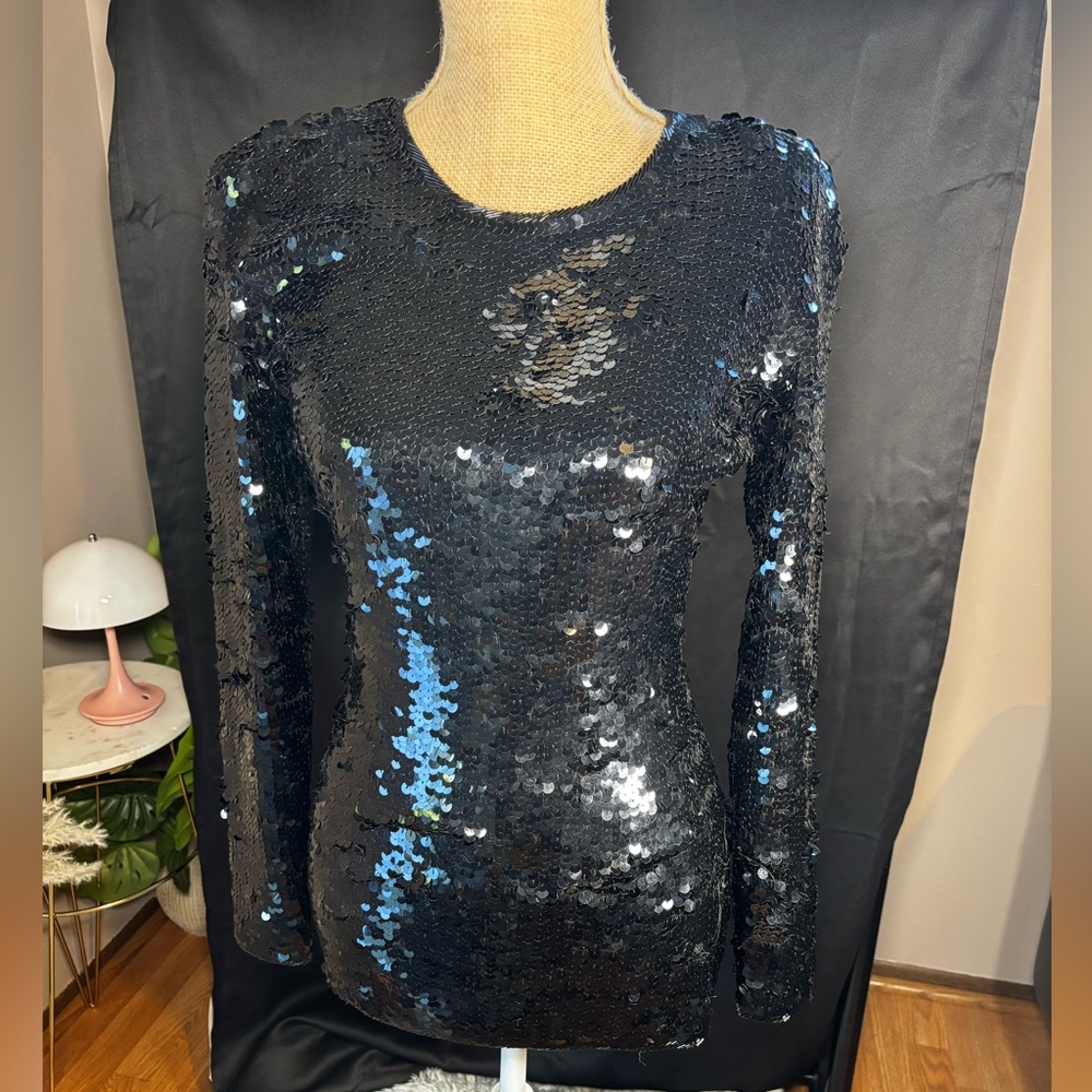 Cathy Hardwick Full Sequin Black Sweater 95% Lambs wool Sz. M Vintage 1980s